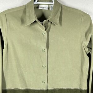 Parisian Works Petite Sage Green Button Down Shirt Embroidered Hem 14P P8506PB